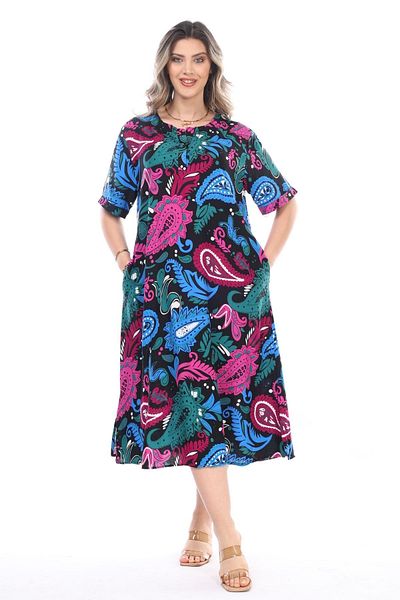 Eceyaman moda WOMEN'S WRAP PATTERNED BUTTON FRONT LARGE SIZE DRESS