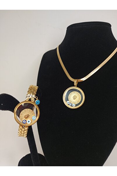 Romea Açılan, Çeyrek Koyulan, Altın Koyulan Italyan Zincir Kolye &yaprak Desen Fanuslu Kelepçe Takı Seti