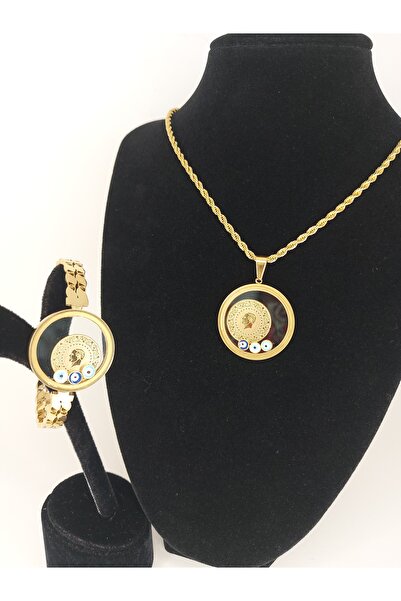 Romea Açılan Çeyrek Koyulan, Cam Çerçeveli Burgu Zincir Kolye & Fanuslu Kelepçe Seti, Takı Seti