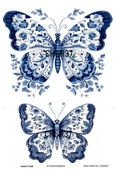 LİNEART Chino Serisi CHSR37 Mavi Beyaz, Kelebek Desenli 30*42 cm Pirinç Dekopaj