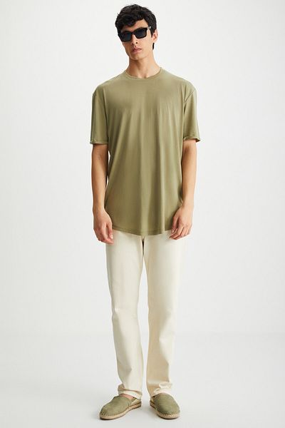 GRIMELANGE Oscar Men's Comfort Fit Long Draped Fabric Khaki T-Shirt