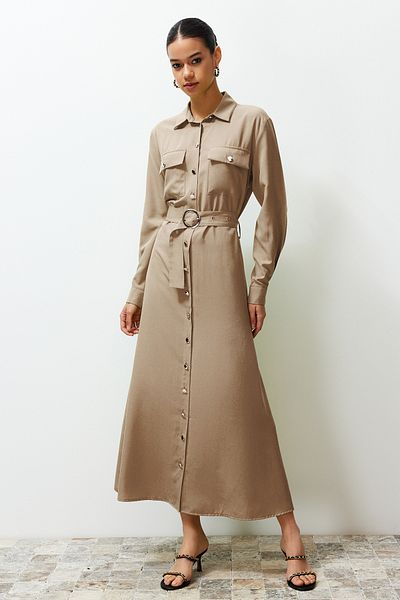 Trendyol Modest Μπεζ χρυσό φόρεμα με λεπτομερή υφασμένο πουκάμισο TCTSS24EB00132