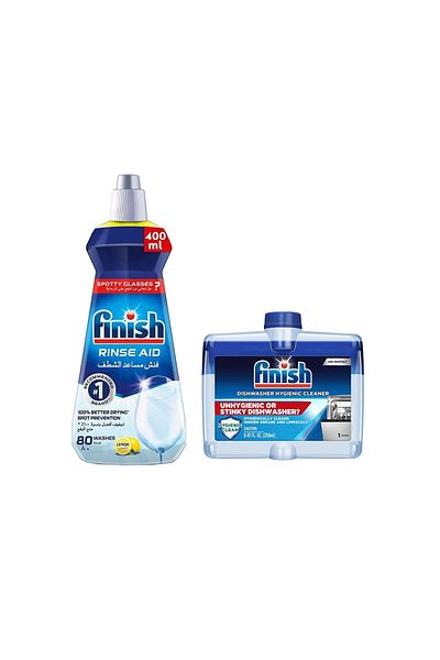 Finish Dishwasher Cleaner - 250ml + Finish Dishwasher Detergent Rinse Aid Liquid Lemon 400ml