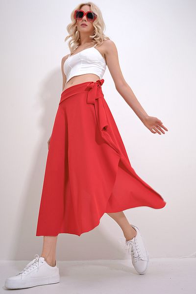 Trend Alaçatı Stili Korallenroter asymmetrischer Rock mit Taillenbund für Damen ALC-X5001