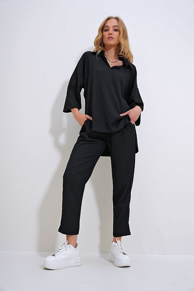 Trend Alaçatı Stili Women's Black Oversize Shirt Collar Blouse and High Waist Trousers Set ALC-X12217
