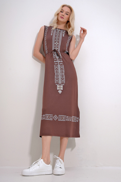 Trend Alaçatı Stili Rochie boemă cu broderie maro pentru femei ALC-6564