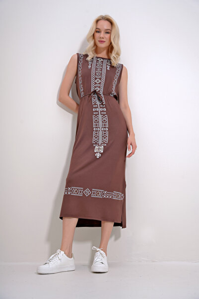 Trend Alaçatı Stili Női barna hímzés, nyomott Bohém ruha ALC-6564