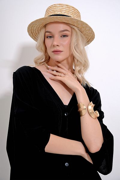Trend Alaçatı Stili Women's Beige Straw Knitted Hat ALC-X12088