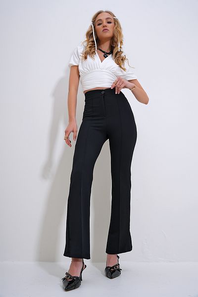 Trend Alaçatı Stili Schwarze elastische Hose mit Streifen für Damen ALC-X12199