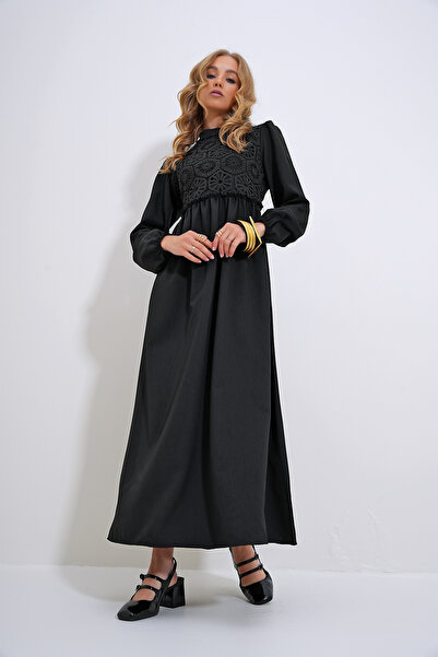 Trend Alaçatı Stili Dámské černé stojáčkové háčkované šaty se zadním zipem, tkané ALC-X12025