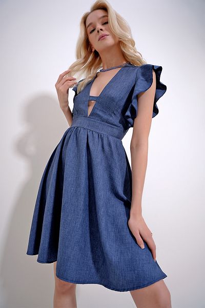 Trend Alaçatı Stili Dámské indigové rukávy s výstřihem do V, vyhrnutý zadní zip Aerobin Linen Tkané šaty ALC-X11854