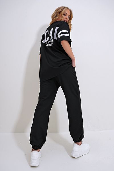 Trend Alaçatı Stili Women's Black Crew Neck Printed T-Shirt and Jogging Tracksuit Set ALC-X12204