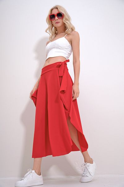 Trend Alaçatı Stili Korallenroter asymmetrischer Rock mit Taillenbund für Damen ALC-X5001