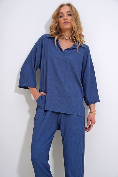 Trend Alaçatı Stili Women's Indigo Oversize Shirt Collar Blouse And High Waist Pants Set ALC-X12217