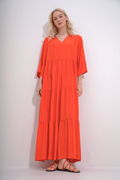 Trend Alaçatı Stili Women's Orange V-Neck Front Lace-Up Layered Flounced Woven Viscose Dress ALC-X12052