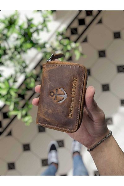 VİSSO 661 Model Real Leather - Τσάντα ακορντεόν με φερμουάρ και θήκη για κάρτες, με λογότυπο άγκυρας για γυναίκες και άνδρες