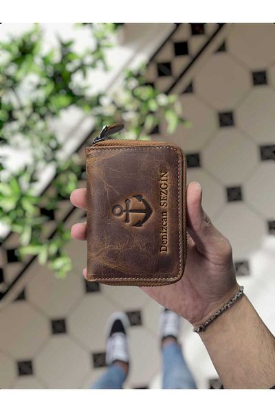 VİSSO 661 Model Real Leather - Τσάντα ακορντεόν με φερμουάρ και θήκη για κάρτες, με λογότυπο άγκυρας για γυναίκες και άνδρες