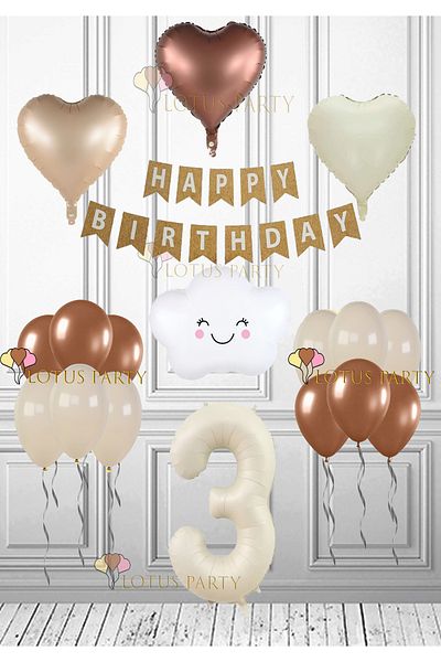 LOTUS PARTY 3 Years Old Retro Birthday Set - Cloud Foil Balloon, Cream Numeral Foil, Kraft Happy Heart Balloon