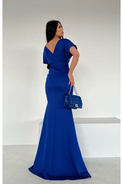 dükkan10butika Γυναικείο βραδινό φόρεμα Saks Color - μισό μανίκι, διπλό γιακά, ζώνη και μακρύ φόρεμα επιστροφής στο σπίτι