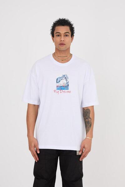 LOVELYSTORE Copil cu un vis Broderie albă cu imprimeu supradimensionat tricou