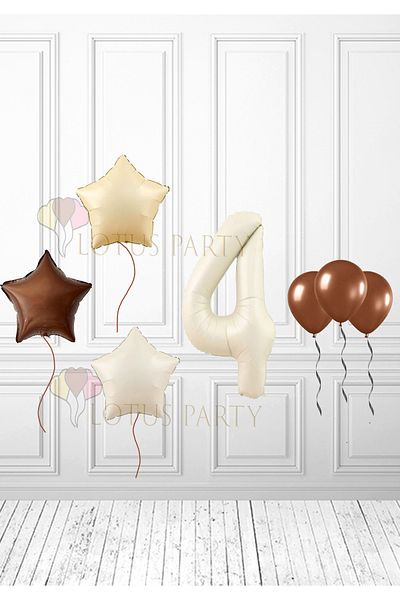 LOTUS PARTY 4 Years Old Retro Bohemian Mini Birthday Set - Nude, Cream, Brown Star Number Balloon