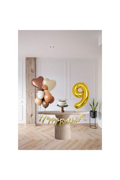 LOTUS PARTY Χρώμα δέρματος 9 ετών Καφέ Καρδιά Φύλλο Μπαλόνι Χρυσό Αριθμό Μπαλόνι Χρυσό Happy - Μίνι Σετ γενεθλίων