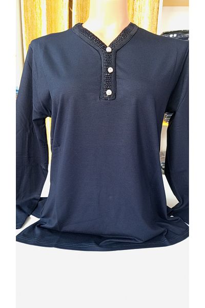 AKŞEN GİYİM LARGE SIZE V-NECK KNITTED SILVERY AND STONE BUTTON DETAILED HIGH QUALITY LONG SLEEVE MOTHER BLUZE
