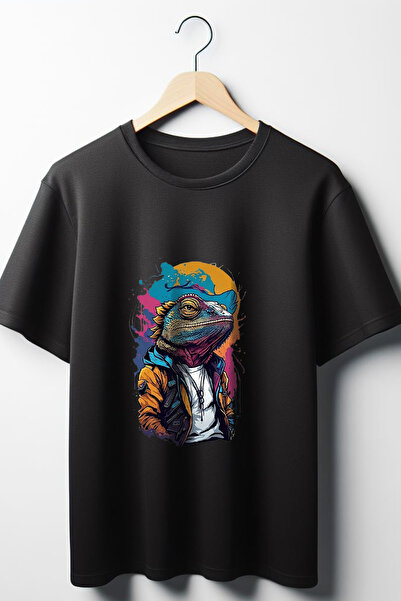 Vordevia Μαύρο μπλουζάκι με στάμπα Chameleon Oversize Wide Fit Unisex Crew Neck