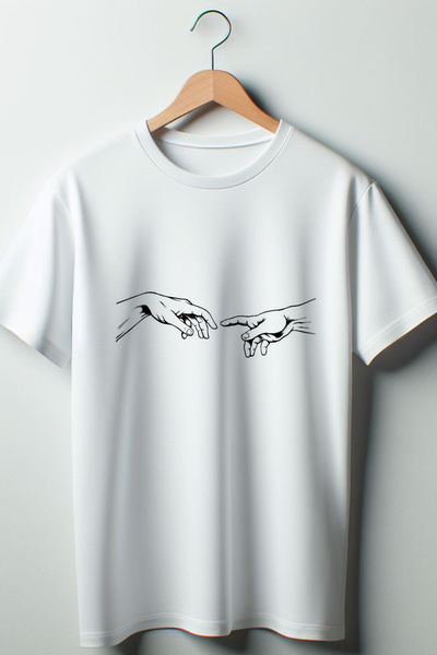 Vordevia Tricou alb oversize unisex - Adam și Dumnezeu cu imprimeu manual, cu...