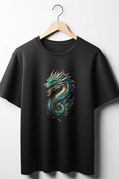 Vordevia Dragon Štampano Oversize kroj Wide Fit Unisex okrugla kragna crna ma...