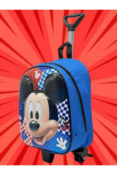 Tezzgelsin Anaokulu Kreş Mavi Mickey Mouse Baskılı Çekçekli Tekerli Kabartma Seyahat Valizi ve Okul Çantası