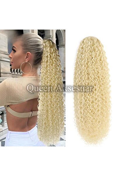 Queen Nelly İthal lüks yoğun tost kıvırcık dalgalı uzun at kuyruğu fiber mandal tokalı postiş saç platin sarı 88