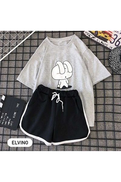 Elvino Sleepy Rabbit Printed Comfortable Σετ πιτζάμες με σορτς