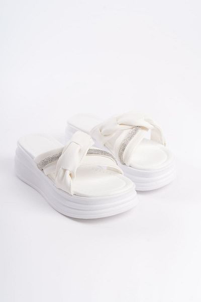 BZ Moda Papuci de damă FREJA cu toc plat, cu model de piatră, cu talpă groasă și ortopedică, BT White
