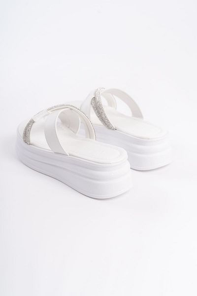BZ Moda Papuci de damă MILA cu toc plat, cu dungi încrucișate, cu talpă groasă și ortopedică, BT White