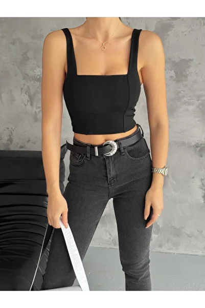 BE CHİC Women's thick strap front, back, square collar, double layer stitching detailed crop blouse SRA7001.