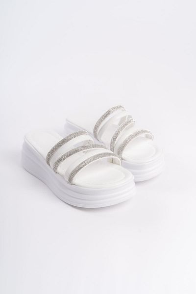 BZ Moda Papuci ELISE pentru femei - Talpă ortopedică groasă cu toc plat, dungi și strasuri, alb