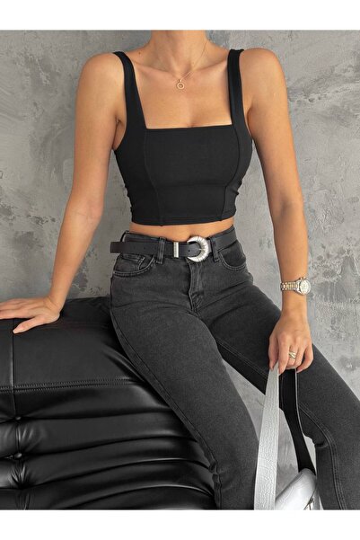 BE CHİC Women's thick strap front, back, square collar, double layer stitching detailed crop blouse SRA7001.