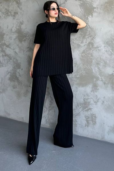 bayansepeti Kurzärmliges Oberteil mit Rundhalsausschnitt und hoch taillierte Hose mit weitem Bein, schwarzer Rippstrickanzug 1140