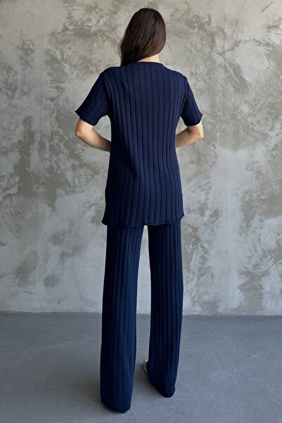 lovebox Round Neck Short Sleeve Top and High Waist Wide Leg Pants Navy Blue Ribbed Knitwear Suit 1140