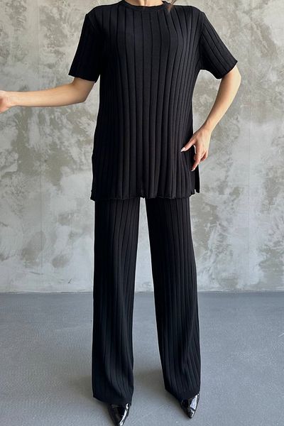 bayansepeti Kurzärmliges Oberteil mit Rundhalsausschnitt und hoch taillierte Hose mit weitem Bein, schwarzer Rippstrickanzug 1140