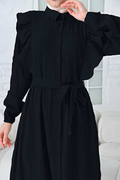 QLAY Kadın Siyah Volanlı Kemerli Dokuma Elbise