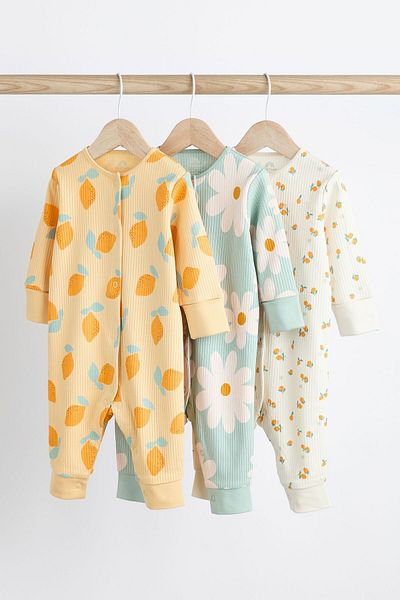 Next Baby Yellow Lemon Flower Patterned 100% Cotton 3-Piece Jumpsuit Set