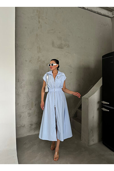 Laluvia Rochie din poplin cu fermoar albastru