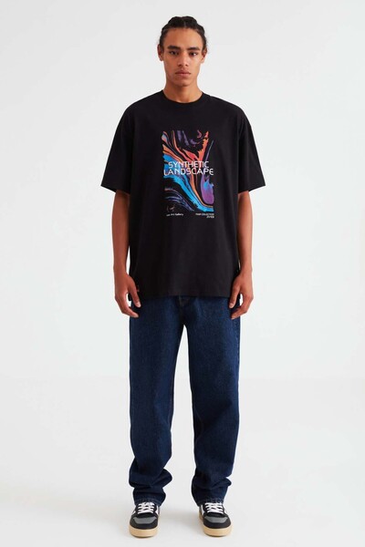 GRIMELANGE Landscape Men's 100% Organic Cotton Print Detailed Thick Texture Oversive Black T-Shirt