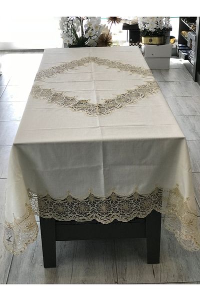 Santara Față de masă Avangarde din in, culoare crem, cu dantelă, rezistentă la pete, model 160 x 260