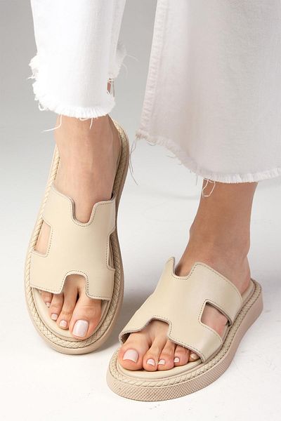 Mio Gusto Genuine Leather Beige Color Oval Nose Flat Women's Slippers