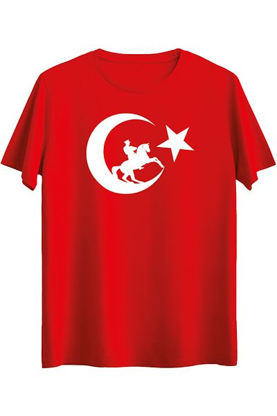 Çapıt Moon-Star Prancing Horse Printed - Zero Collar Short Sleeve T-Shirt 19 May 29 October
