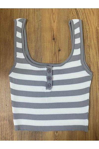 Laluvia Γκρι-εκρού με κουμπιά Crop Tank Top