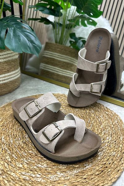 İmerShoes Καθημερινές γυναικείες μπεζ παντόφλες σαγιονάρες άνετα ρυθμιζόμενα σανδάλια με πόρπη από φελλό 34162